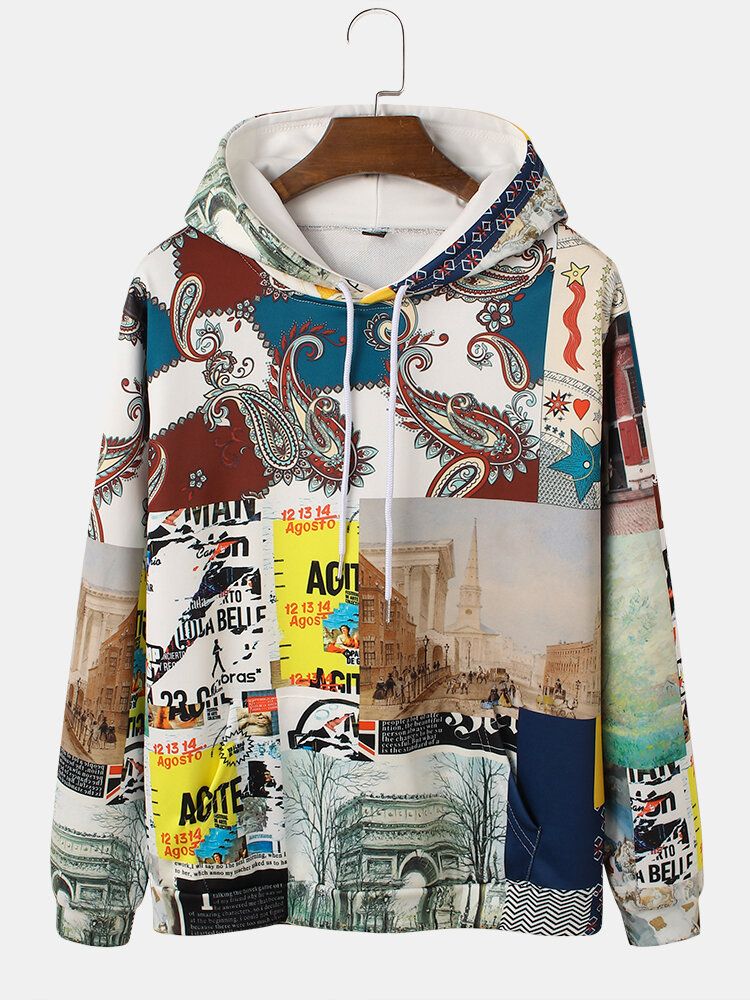 Sudaderas Con Capucha Con Cordón De Patrón De Pintura De Paisaje Con Estampado De Paisley Para Hombre