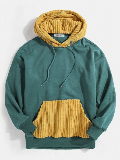 Sudaderas Con Capucha Con Cordón Verde Simple De Bolsillo De Retazos De Color Sólido Para Hombre