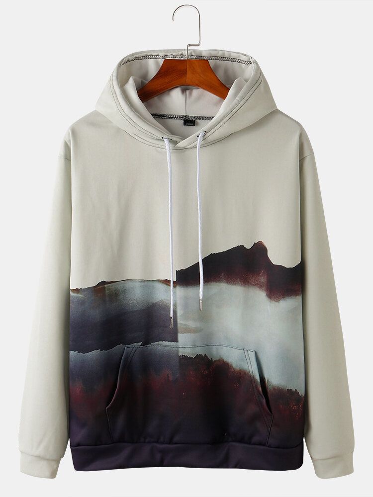 Sudaderas Con Capucha Con Cordón Y Bolsillo De Canguro Con Estampado De Paisaje De Montaña Para Hombre