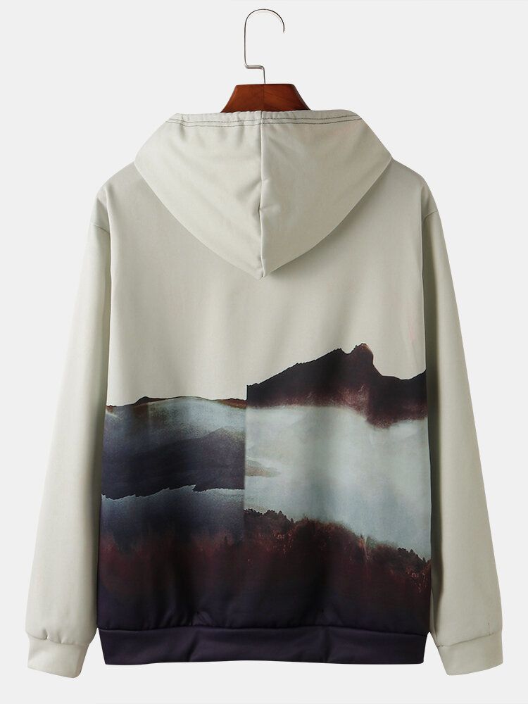 Sudaderas Con Capucha Con Cordón Y Bolsillo De Canguro Con Estampado De Paisaje De Montaña Para Hombre