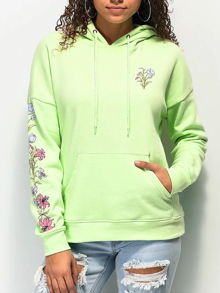 Sudaderas Con Capucha Con Cordón Y Bolsillo Con Estampado Floral En La Espalda Para Mujer