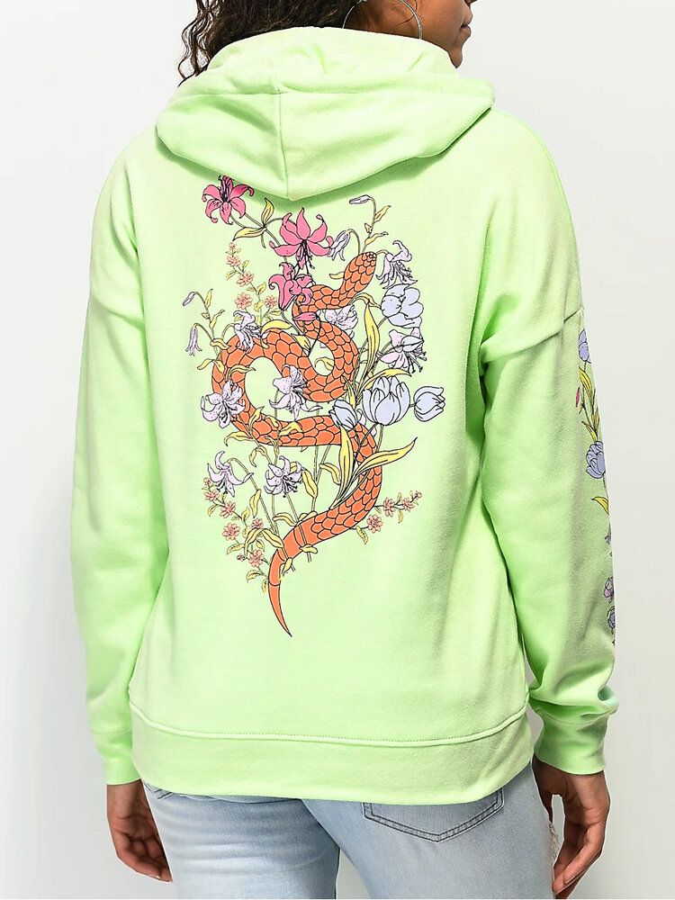 Sudaderas Con Capucha Con Cordón Y Bolsillo Con Estampado Floral En La Espalda Para Mujer