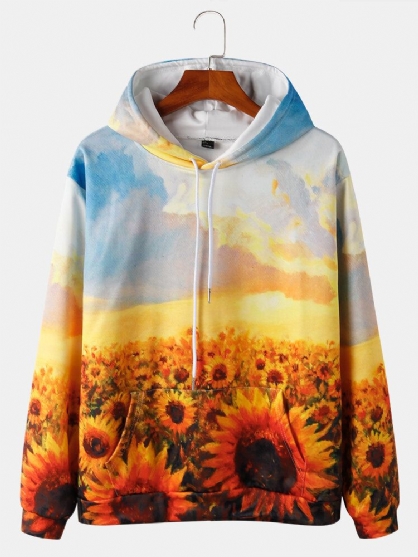 Sudaderas Con Capucha Con Cordón Y Bolsillo Con Estampado De Flores Para Hombre