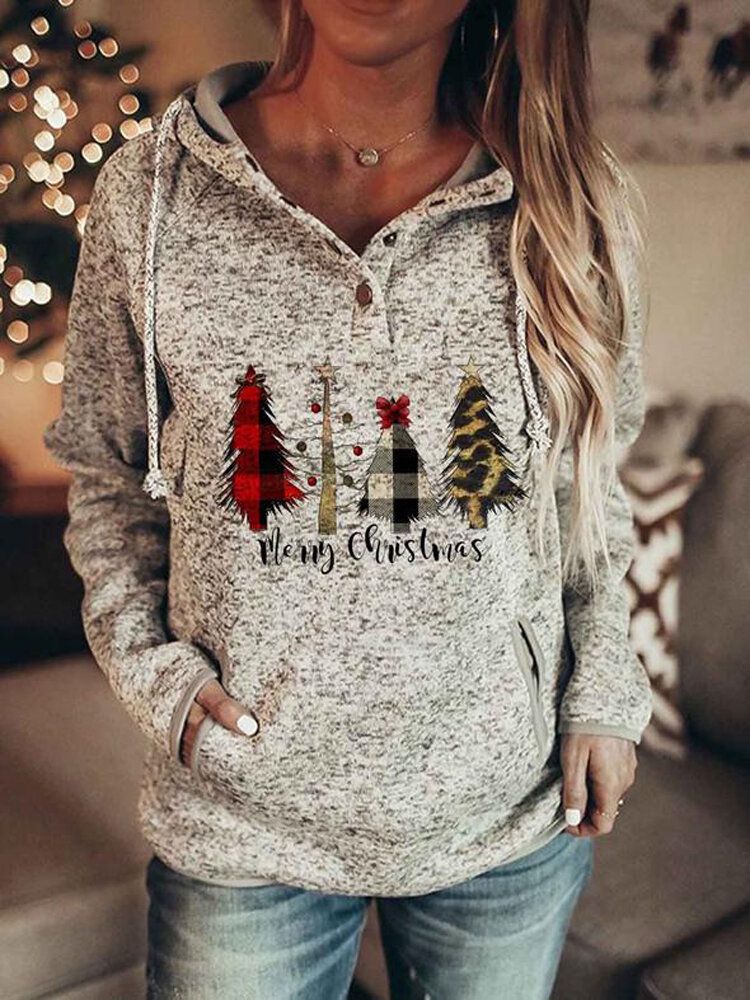 Sudaderas Con Capucha Con Cordón Y Cuello Con Botones Y Manga Raglán Con Estampado De Letras Navideñas Para Mujer Con Bolsillo