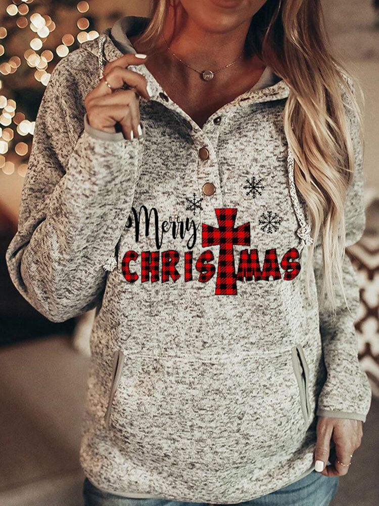 Sudaderas Con Capucha Con Cordón Y Cuello Con Botones Y Manga Raglán Con Estampado De Letras Navideñas Para Mujer Con Bolsillo