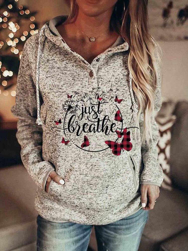 Sudaderas Con Capucha Con Cordón Y Cuello Con Botones Y Manga Raglán Con Estampado De Letras Navideñas Para Mujer Con Bolsillo