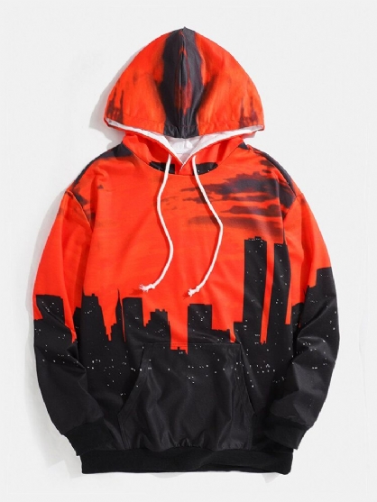 Sudaderas Con Capucha Con Cordón Y Diseño De Bolsillo Con Estampado De Paisaje Al Atardecer Para Hombre