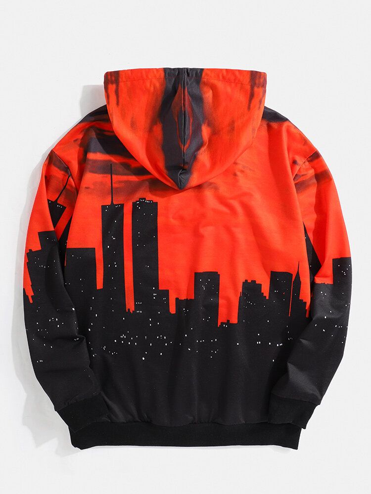 Sudaderas Con Capucha Con Cordón Y Diseño De Bolsillo Con Estampado De Paisaje Al Atardecer Para Hombre