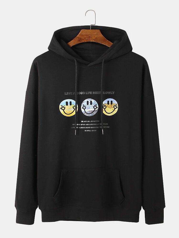 Sudaderas Con Capucha Con Cordón Y Diseño De Hombros Caídos Con Estampado De Eslogan Con Patrón De Sonrisa Para Hombre