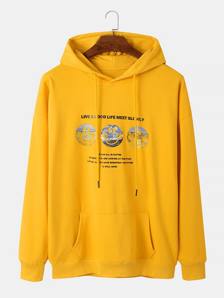 Sudaderas Con Capucha Con Cordón Y Diseño De Hombros Caídos Con Estampado De Eslogan Con Patrón De Sonrisa Para Hombre