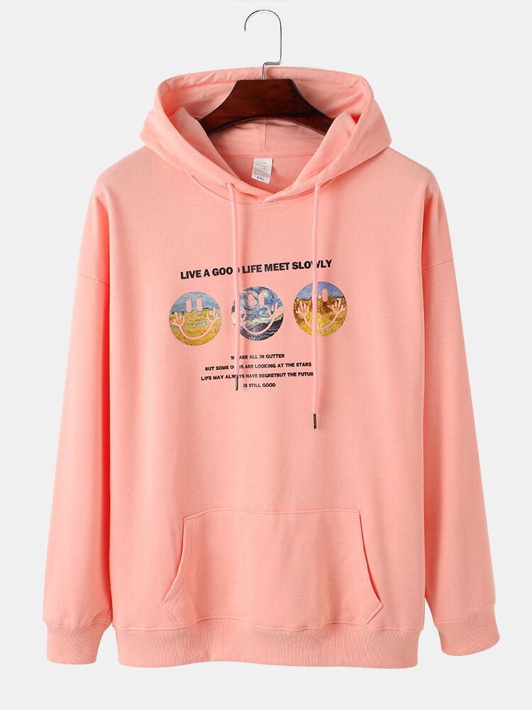 Sudaderas Con Capucha Con Cordón Y Diseño De Hombros Caídos Con Estampado De Eslogan Con Patrón De Sonrisa Para Hombre