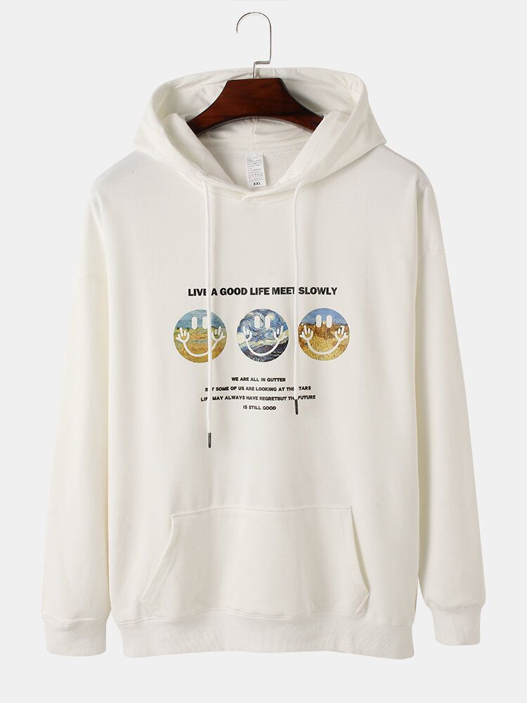 Sudaderas Con Capucha Con Cordón Y Diseño De Hombros Caídos Con Estampado De Eslogan Con Patrón De Sonrisa Para Hombre