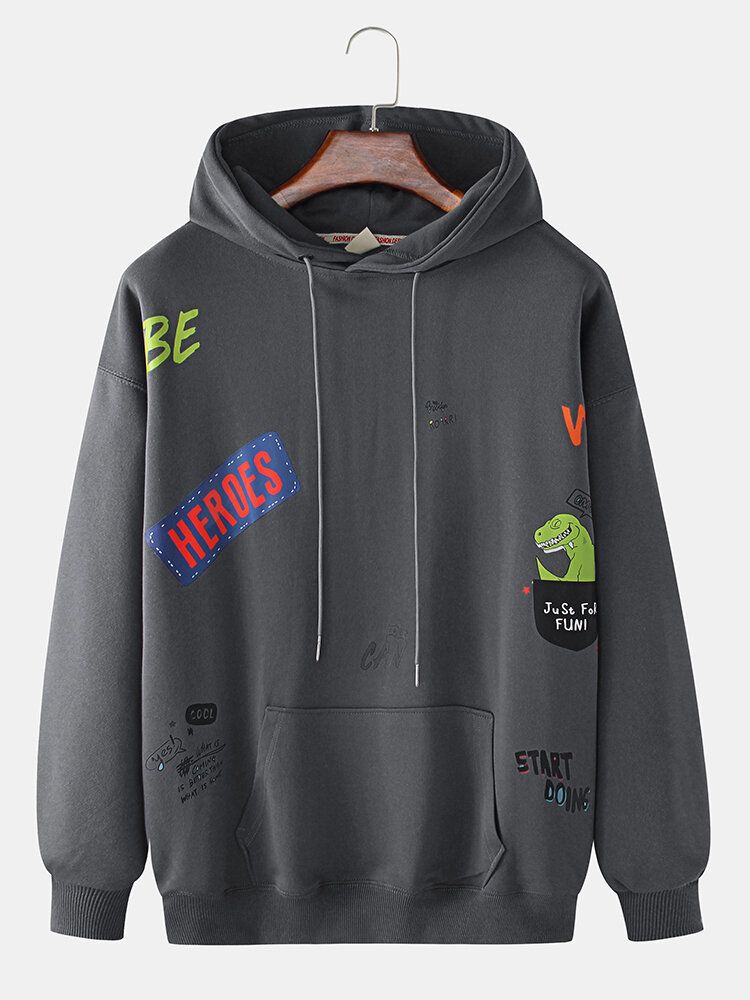 Sudaderas Con Capucha Con Cordón Y Estampado De Animales De Dibujos Animados Y Letras De Algodón Para Hombre Con Bolsillo De Canguro