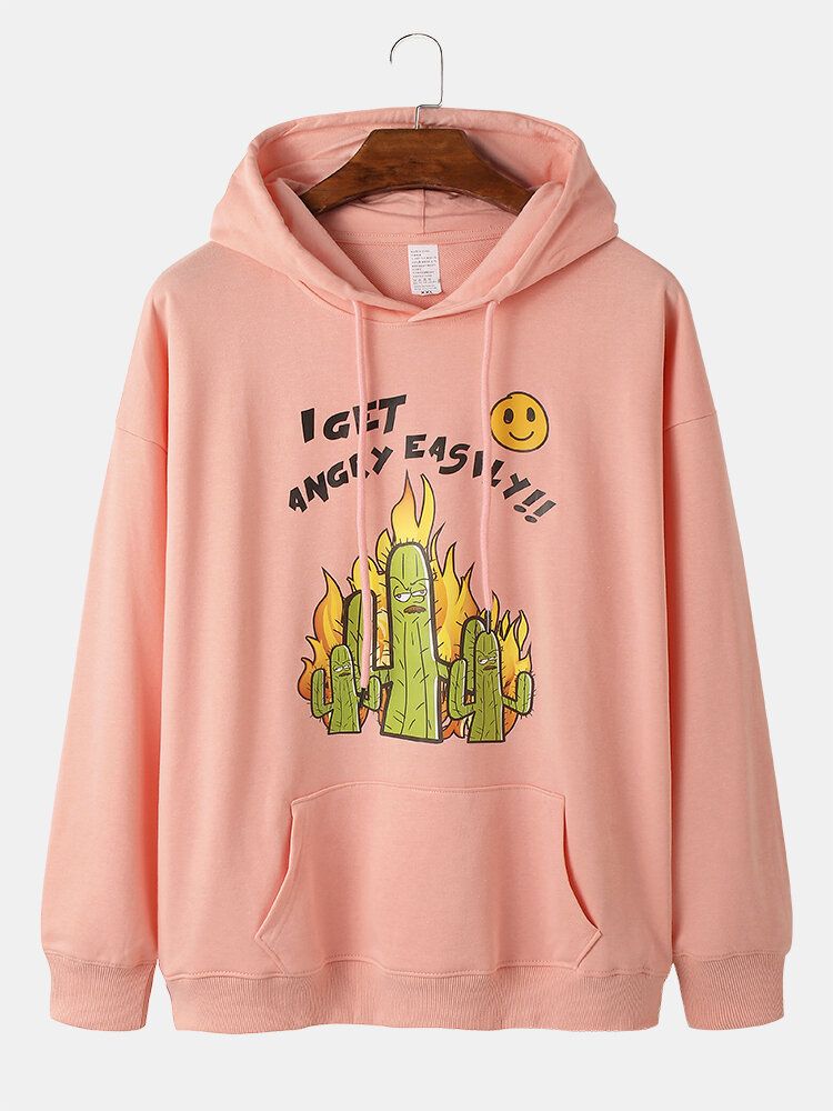 Sudaderas Con Capucha Con Cordón Y Estampado De Cactus De Dibujos Animados Con Eslogan Para Hombre Y Bolsillo