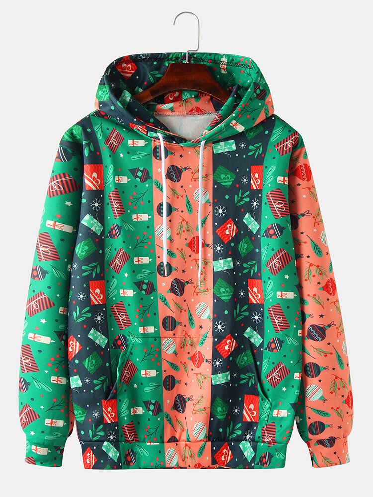 Sudaderas Con Capucha Con Cordón Y Estampado De Dibujos Animados En Bloques De Color Navideño Para Hombre Con Bolsillo