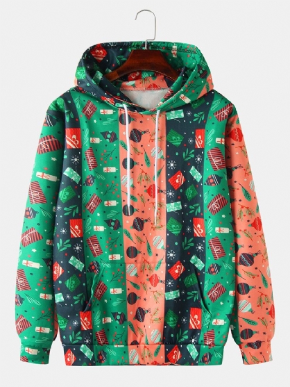 Sudaderas Con Capucha Con Cordón Y Estampado De Dibujos Animados En Bloques De Color Navideño Para Hombre Con Bolsillo