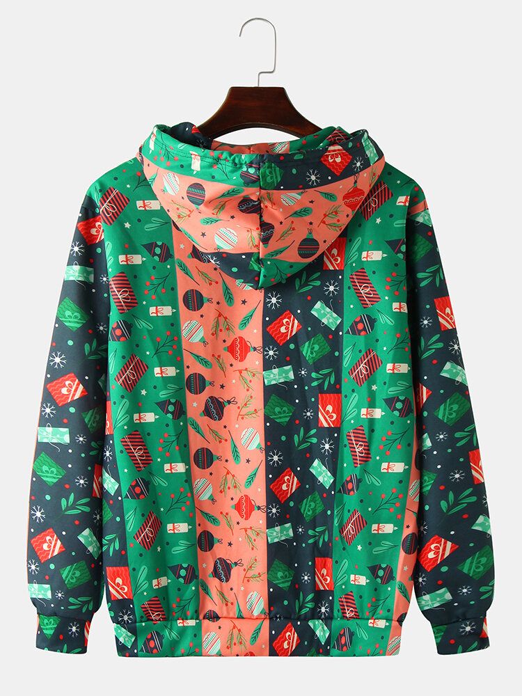 Sudaderas Con Capucha Con Cordón Y Estampado De Dibujos Animados En Bloques De Color Navideño Para Hombre Con Bolsillo