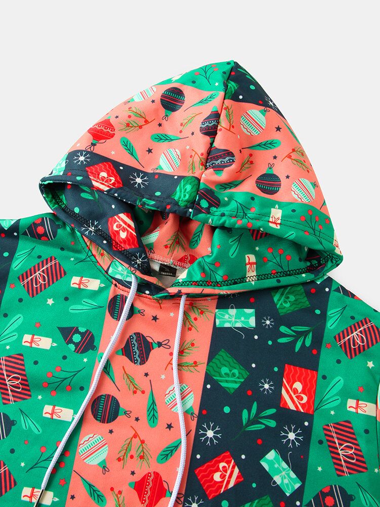 Sudaderas Con Capucha Con Cordón Y Estampado De Dibujos Animados En Bloques De Color Navideño Para Hombre Con Bolsillo