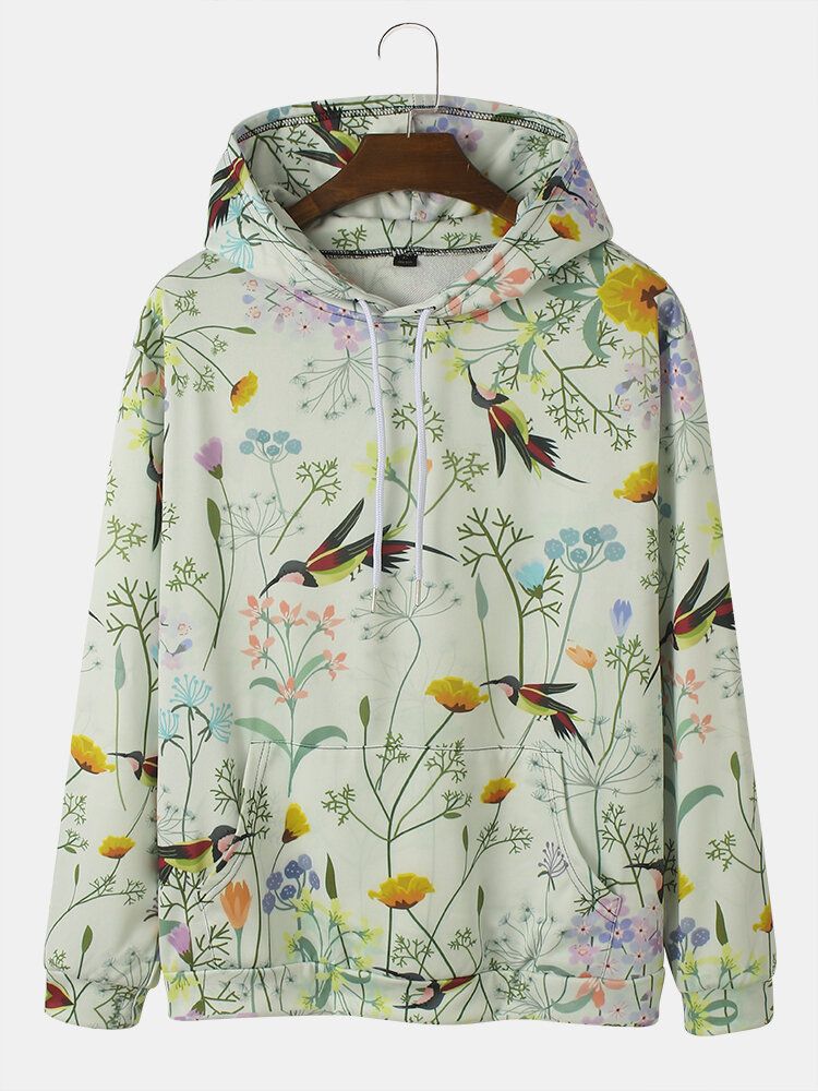 Sudaderas Con Capucha Con Cordón Y Estampado Floral De Aves Y Plantas Para Hombre Con Bolsillo