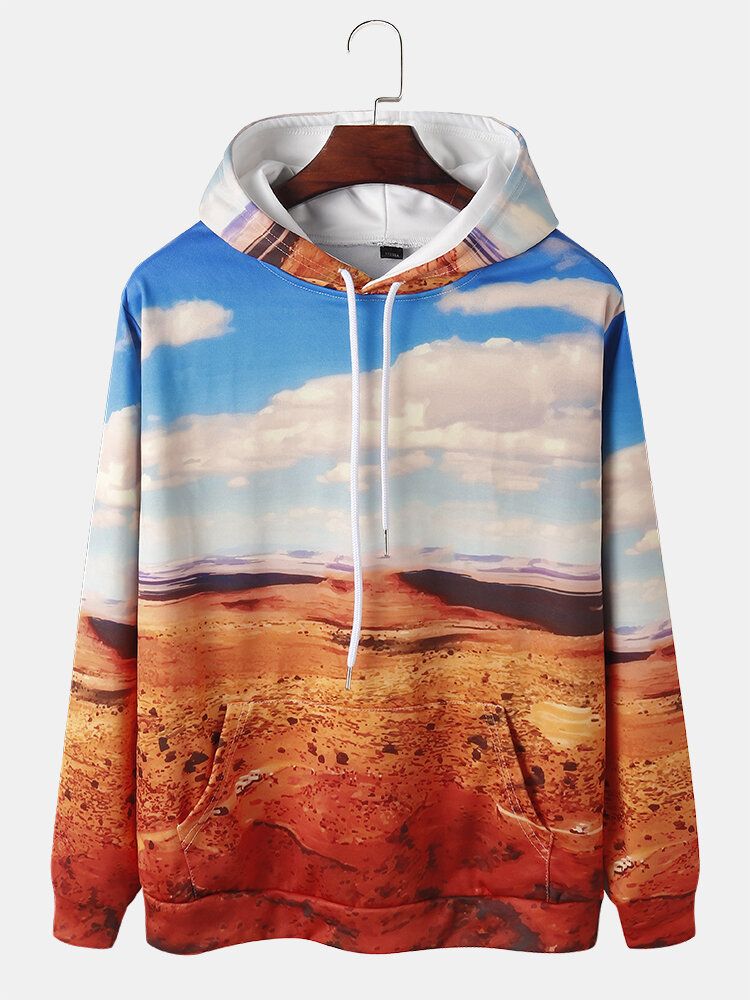 Sudaderas Con Capucha Con Cordón Y Estampado De Paisaje Del Desierto Para Hombre Con Bolsillo