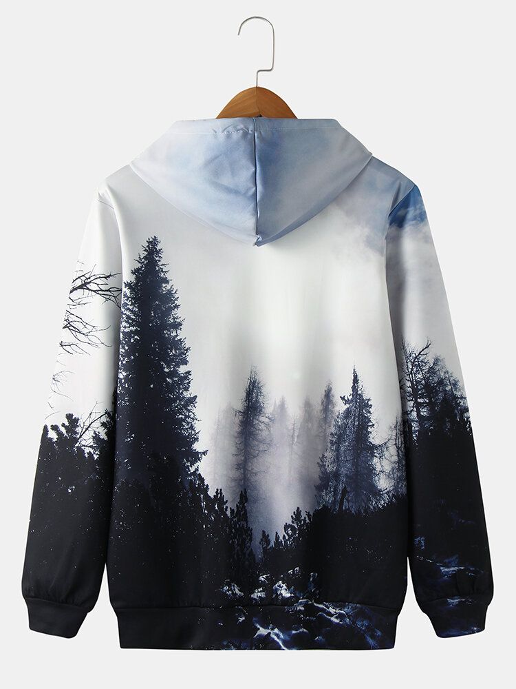 Sudaderas Con Capucha Con Cordón Y Estampado De Paisaje Forestal De Diseño Para Hombre Con Bolsillo