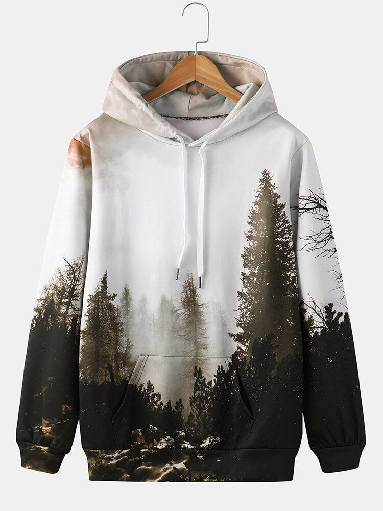 Sudaderas Con Capucha Con Cordón Y Estampado De Paisaje Forestal De Diseño Para Hombre Con Bolsillo