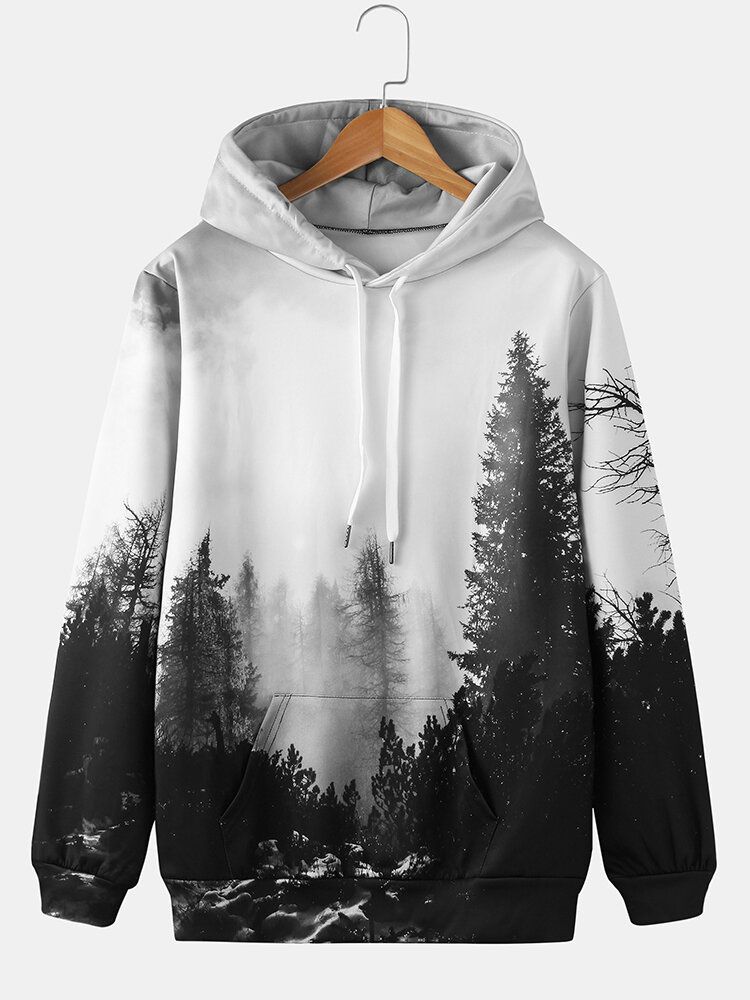 Sudaderas Con Capucha Con Cordón Y Estampado De Paisaje Forestal De Diseño Para Hombre Con Bolsillo