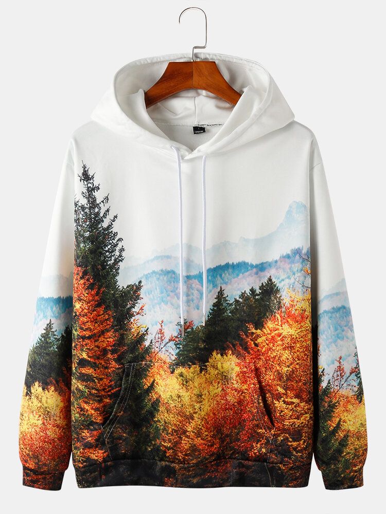 Sudaderas Con Capucha Con Cordón Y Estampado De Paisaje Forestal Para Hombre Con Bolsillo