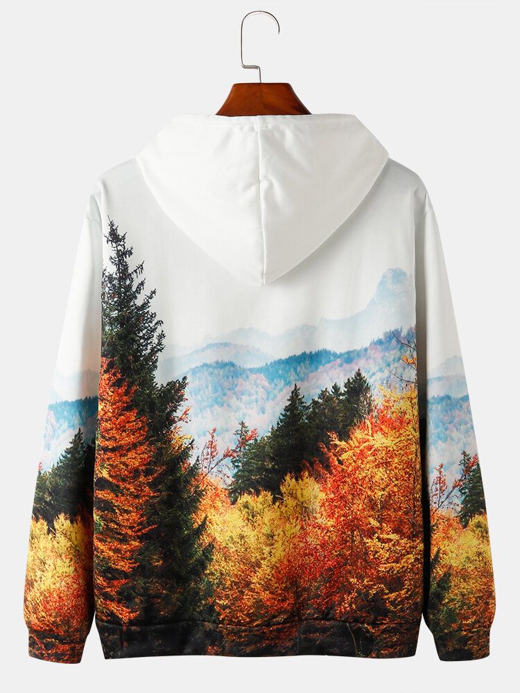 Sudaderas Con Capucha Con Cordón Y Estampado De Paisaje Forestal Para Hombre Con Bolsillo