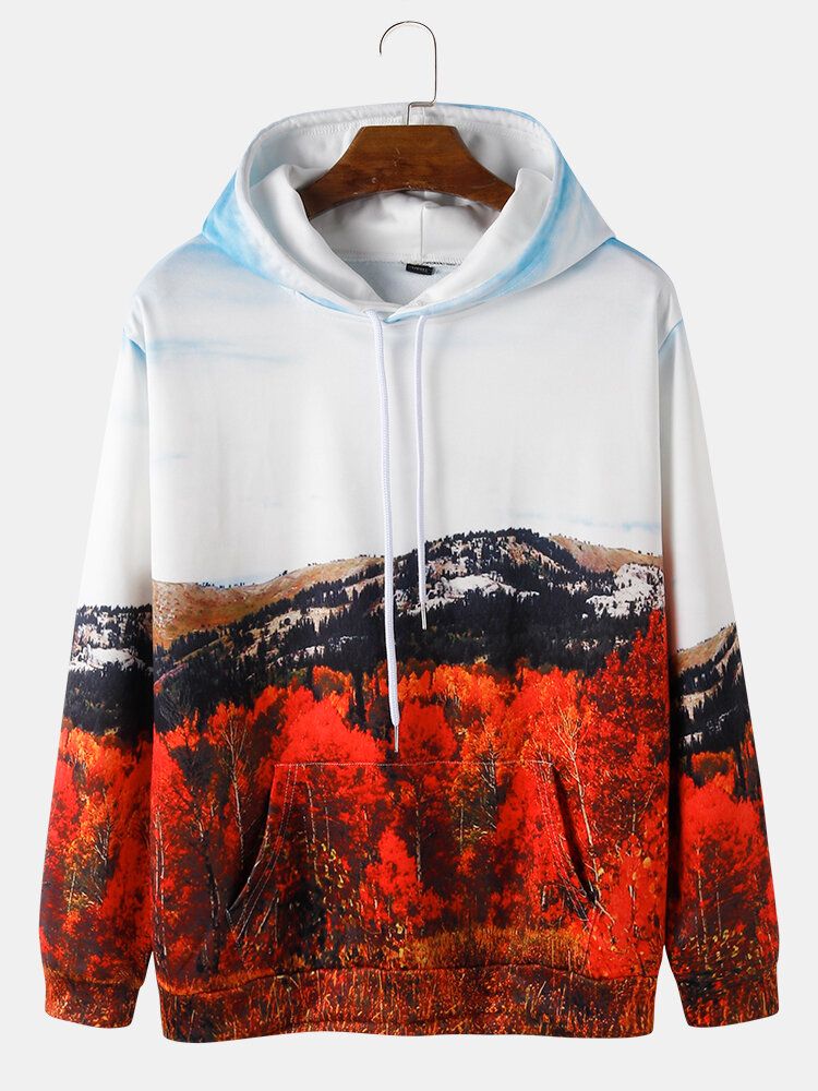 Sudaderas Con Capucha Con Cordón Y Estampado De Paisaje Forestal Para Hombre Con Bolsillo