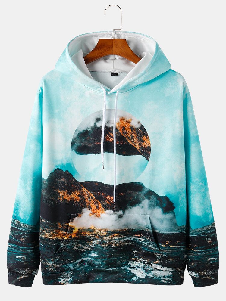 Sudaderas Con Capucha Con Cordón Y Estampado De Paisaje De Montaña Para Hombre