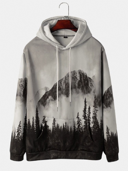 Sudaderas Con Capucha Con Cordón Y Estampado De Paisaje De Montaña Para Hombre Con Bolsillo De Canguro