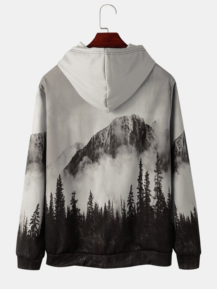 Sudaderas Con Capucha Con Cordón Y Estampado De Paisaje De Montaña Para Hombre Con Bolsillo De Canguro