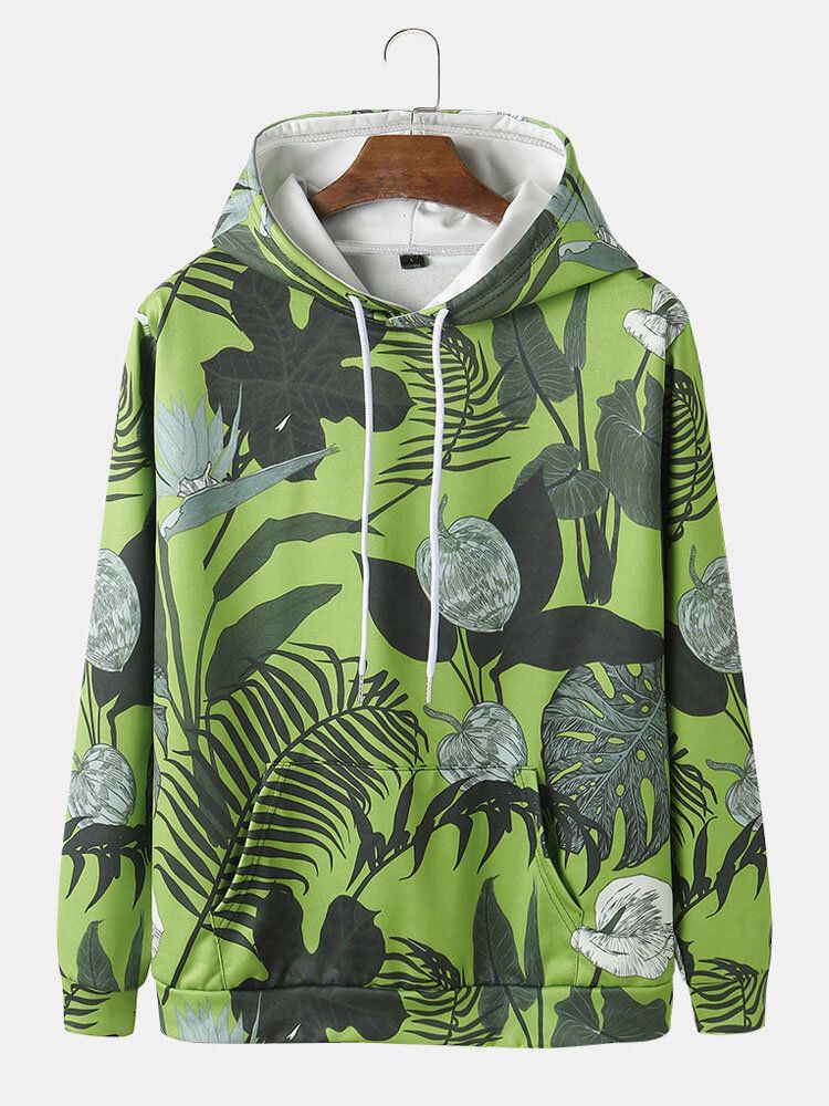 Sudaderas Con Capucha Con Cordón Y Estampado De Plantas Tropicales Para Hombre Con Bolsillo De Canguro