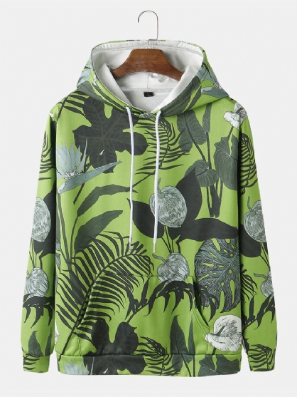 Sudaderas Con Capucha Con Cordón Y Estampado De Plantas Tropicales Para Hombre Con Bolsillo De Canguro