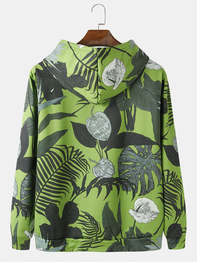 Sudaderas Con Capucha Con Cordón Y Estampado De Plantas Tropicales Para Hombre Con Bolsillo De Canguro