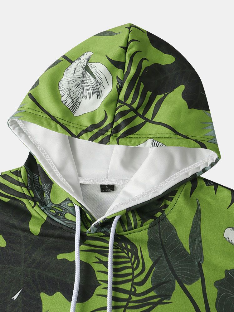 Sudaderas Con Capucha Con Cordón Y Estampado De Plantas Tropicales Para Hombre Con Bolsillo De Canguro