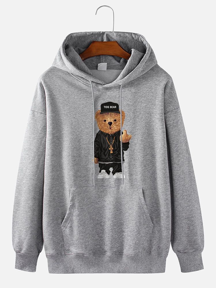 Sudaderas Con Capucha Con Cordón Y Hombros Caídas Con Estampado De Oso De Dibujos Animados 100% Algodón Para Hombre