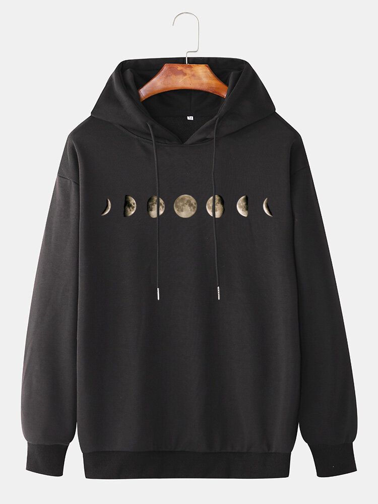 Sudaderas Con Capucha Con Cordón Y Hombros Caídas Simples Con Estampado De Eclipse Lunar Para Hombre