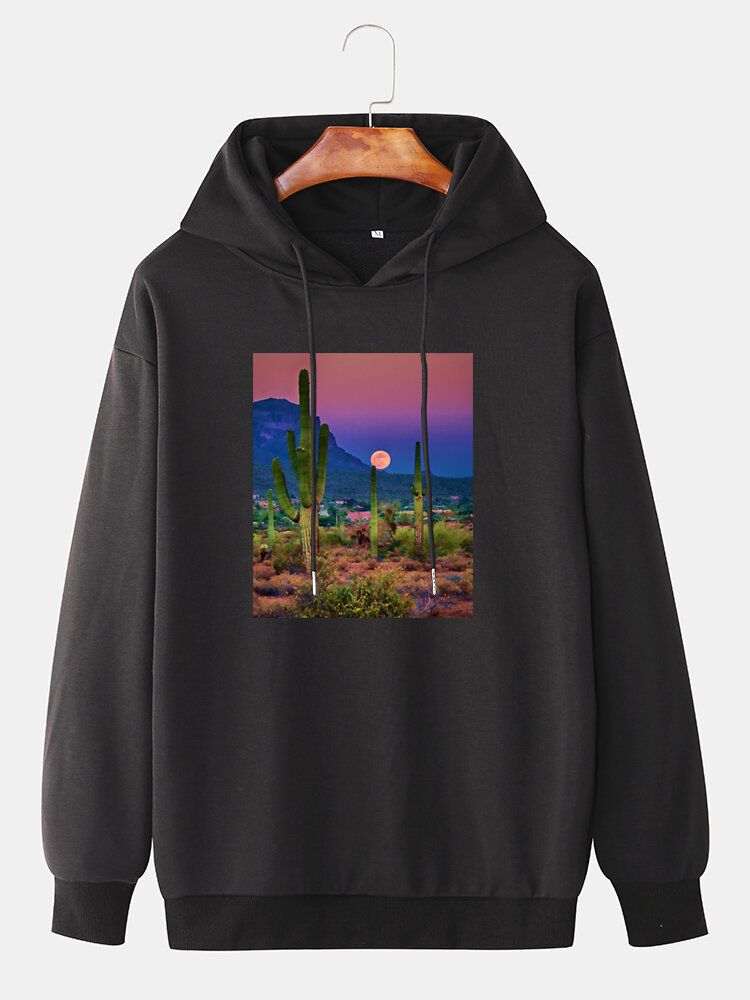 Sudaderas Con Capucha Con Cordón Y Hombros Caídos Con Gráfico De Paisaje De Cactus Para Hombre