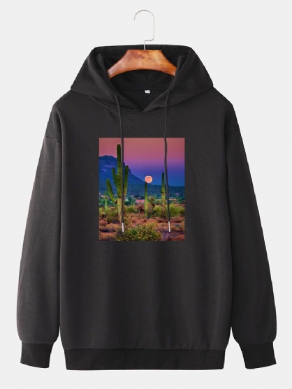 Sudaderas Con Capucha Con Cordón Y Hombros Caídos Con Gráfico De Paisaje De Cactus Para Hombre