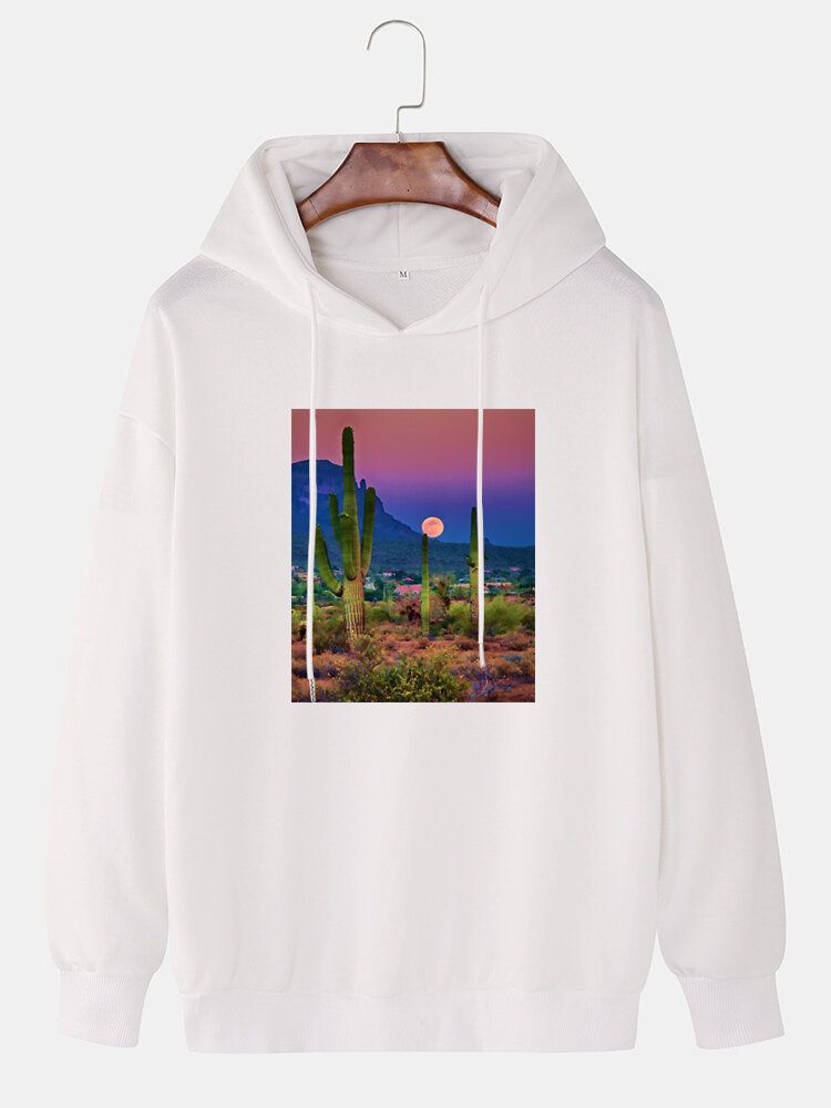 Sudaderas Con Capucha Con Cordón Y Hombros Caídos Con Gráfico De Paisaje De Cactus Para Hombre