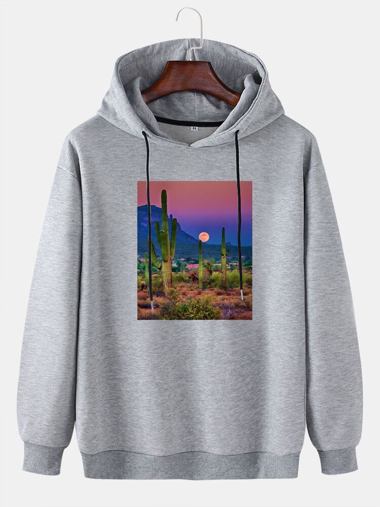 Sudaderas Con Capucha Con Cordón Y Hombros Caídos Con Gráfico De Paisaje De Cactus Para Hombre