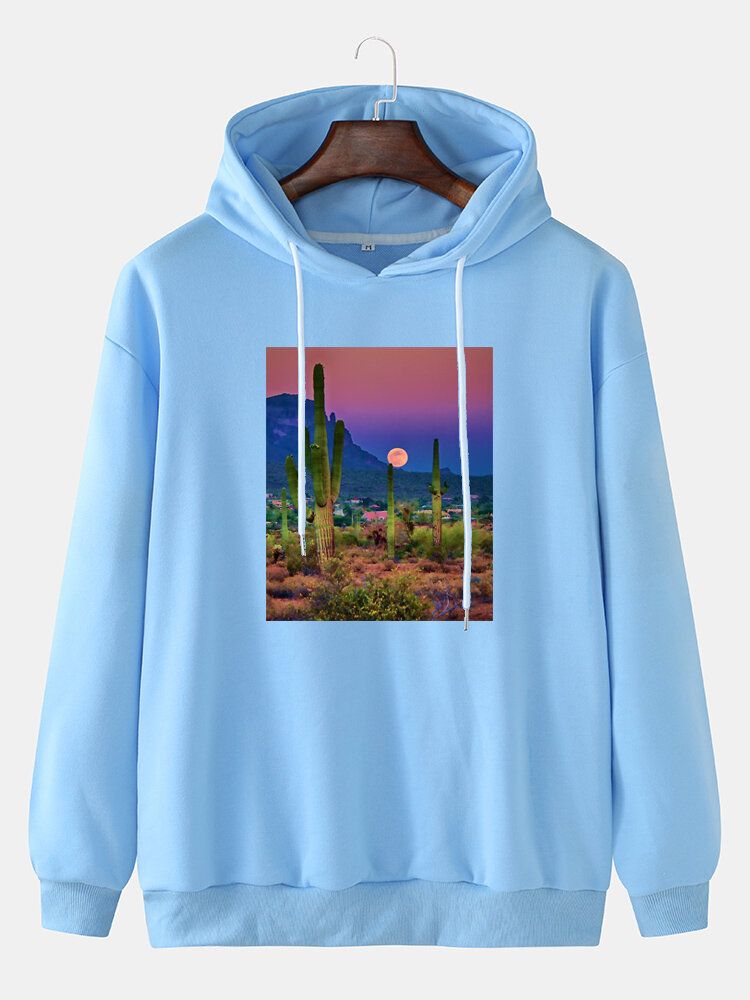 Sudaderas Con Capucha Con Cordón Y Hombros Caídos Con Gráfico De Paisaje De Cactus Para Hombre