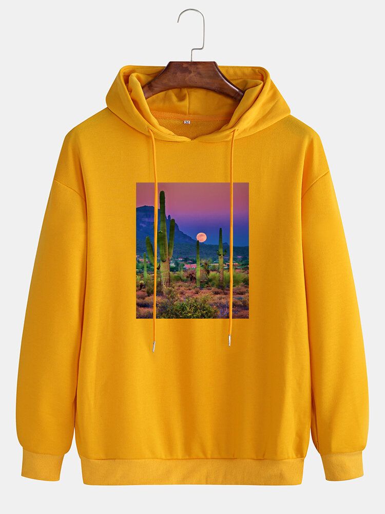 Sudaderas Con Capucha Con Cordón Y Hombros Caídos Con Gráfico De Paisaje De Cactus Para Hombre