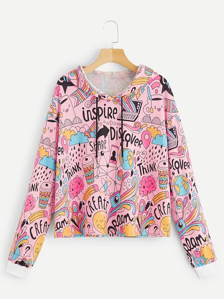 Sudaderas Con Capucha Con Cordones Casuales De Manga Larga Con Estampado De Graffiti De Dibujos Animados Lindo Para Mujeres