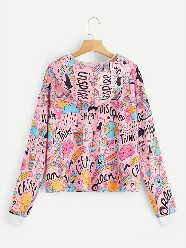 Sudaderas Con Capucha Con Cordones Casuales De Manga Larga Con Estampado De Graffiti De Dibujos Animados Lindo Para Mujeres