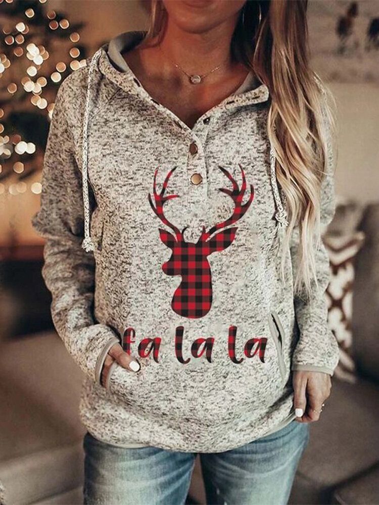 Sudaderas Con Capucha De Cuello De Botón De Bolsillo De Canguro Con Estampado De Letras De Alce Navideño Para Mujer