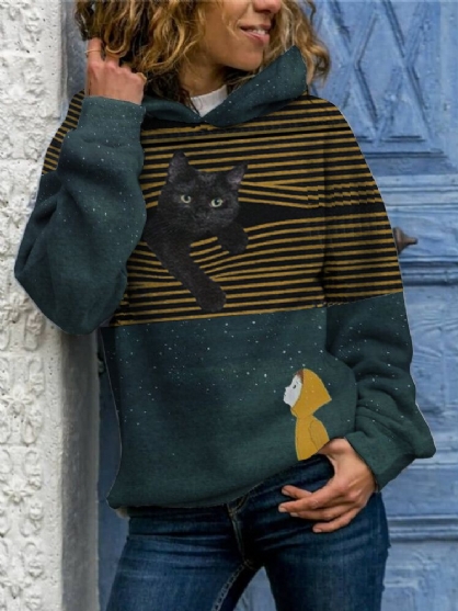 Sudaderas Con Capucha De Dibujos Animados De Manga Larga Con Estampado De Gato Y Niña Linda Para Mujer