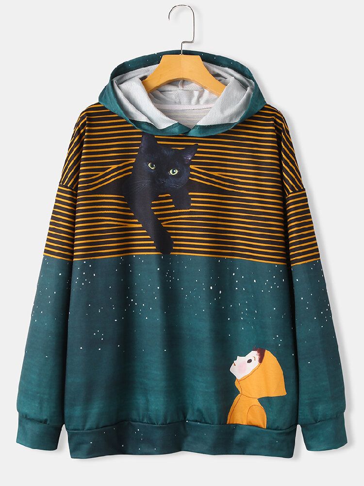 Sudaderas Con Capucha De Dibujos Animados De Manga Larga Con Estampado De Gato Y Niña Linda Para Mujer